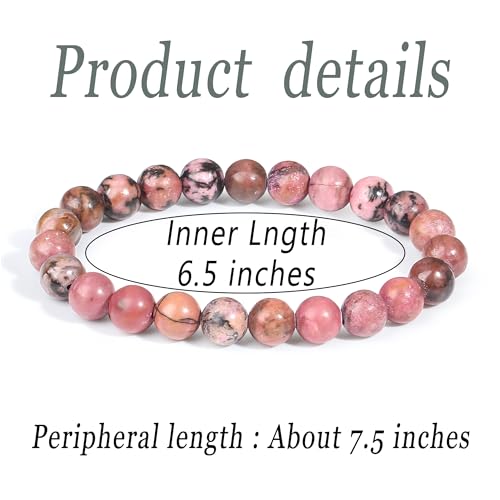 MAIBAOTA Healing Crystal Bracelet for Women Men, 8/4 mm Natural Stone Beaded Bracelets, Jewelry Birthday Gifts, Round Gemstones Stretch Bracelets - color: Red-Rhodonite, size: 8 mm