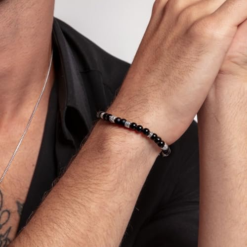 LeCalla Handmade Sterling Silver Mens Bracelets | Solid Italian 925 Chain Bracelets | Classic Designs Chain Bracelets for Men | Men's Silver Bracelet Gift for Dad, Boyfriend, Son - style: Stretchable Black Onyx Bead