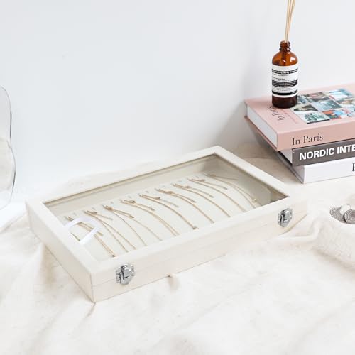 Wudygirl Necklace Organizer with Clear Glass Lid Stackable Jewelry Organizer Tray with 20 Hooks for Necklace Bracelet(Beige Necklace Box) - style: Beige Necklace Tray
