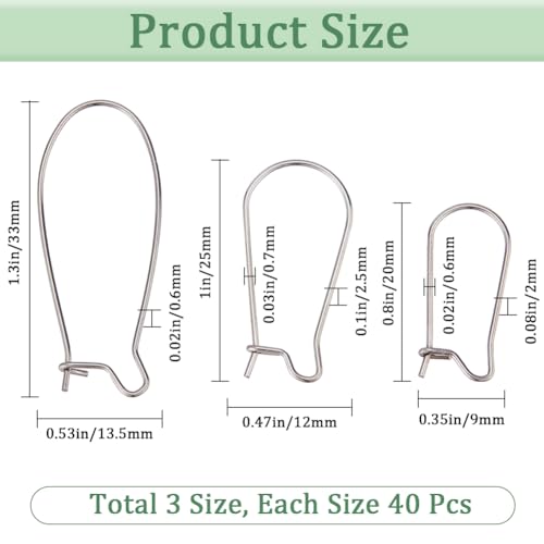 1 Box 120Pcs 3 Styles Kidney Earring Hooks Stainless Steel Kidney Ear Wires Silver Long Dangle Earring Findings U Shaped Hoop Kidney Ear Wires for Jewelry Making Supplies DIY Craft Beginner - size: 20~33x9~13.5x0.6~2.5mm