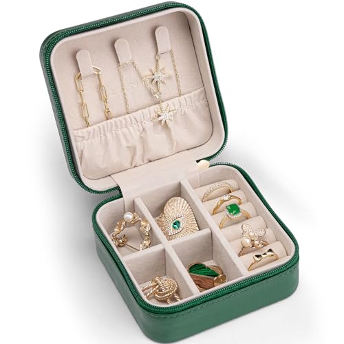 VLANDO Small Travel Jewelry Box Organizer - Girls Women Gift Rings Earrings Necklaces Jewelry Storage Display Case Dark Green - color: Dark Green, size: A. with Hook