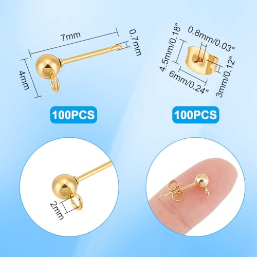 PH PandaHall 100pcs 24K Gold Plated Hypoallergenic Stainless Steel Stud Earrings with Ear Nuts Ball Post Earrings with Loop Earring Studs Set for Earring Making DIY 15x7mm, Ball 4mm
