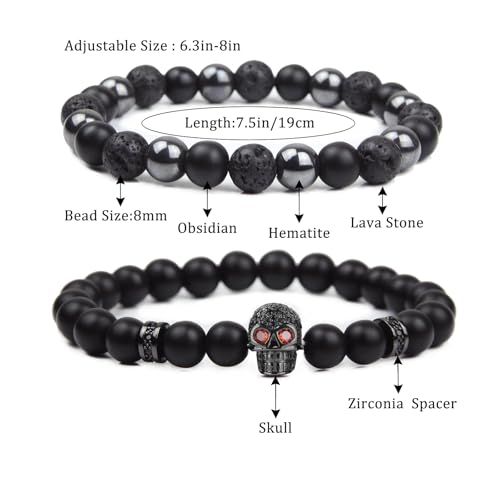 Natural Stone Bracelet 8mm Mens Black Beaded Bracelets Hematite Obsidian Onyx Lava Beads Bracelet Healing Crystal Bracelet for Men - style: Skull