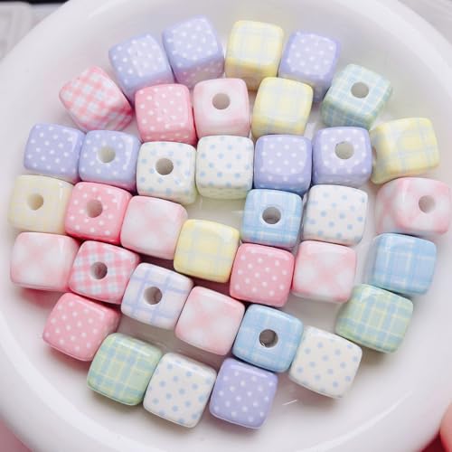 20PCS Large Acrylic Square Beads for Pens, 14MM Cream Grid Polka Dot Cube Beads for Keychain Jewelry Bracelet Making Focal Bead for Pen Making Crafts DIY Projects - color: Cream Square Bead