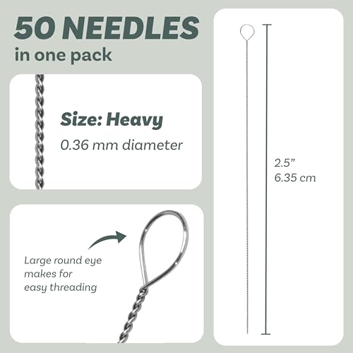 The Beadsmith Twisted Beading Needles - 2.5" (6.35 cm) Collapsible Eye Beading Needle, Heavy (0.36 mm Diameter), Stainless Steel Flexible Wire for Stringing, Jewelry Making, Pack of 50 - style: Heavy
