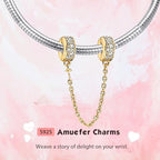 S925 Bead Dangle Charms for Bracelets Necklaces, Compatible with Pandora - style: Sparkling Pavé CZ Safety Chain 14K Gold Plated