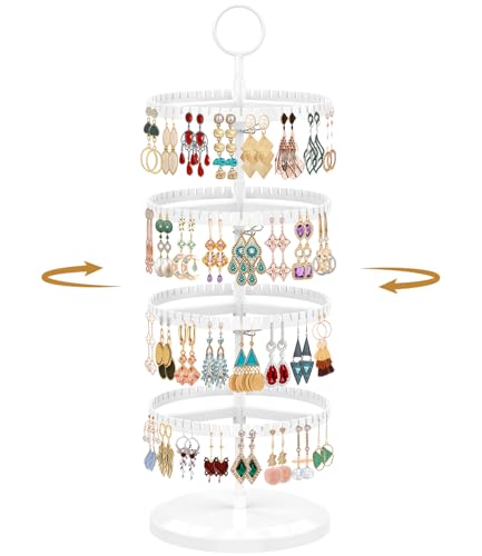 MODOWEY 4 Tier Rotating Earring Holder Organizer, Adjustable Metal and Plastic Stand Tree with 228 Grooves for Stud Hoop Pierced Dangle Display, Decluttered, Space-Saving Storage Rack for Women, White - color: Cloud White