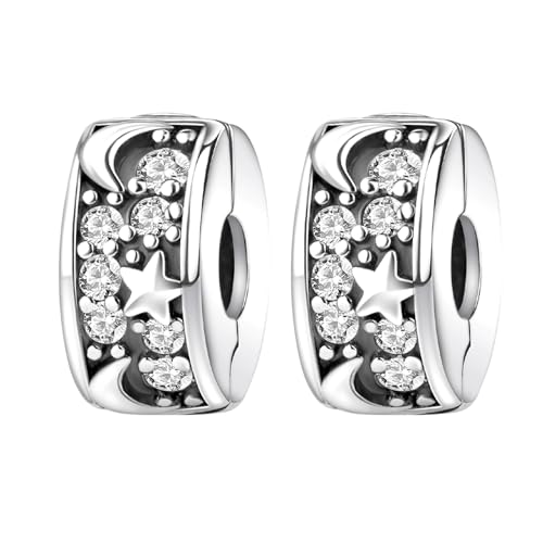 925 Silver Charms Pendants For Pandora Bracelet Golden charms Bead Safety Chain Clip set Heart Flower Animal Beads Family, Mom, Friend, Daughter, Birthday, Jewelry Gift - style: F-Moon Star Clip*2