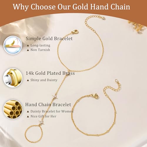 CHESKY 14K Gold Plated Hand Chain Bracelets for Women Set - Dainty Finger Ring Bracelet Stack Adjustable Hand Chains Durable Beaded Bracelets Trendy Simple Body Jewelry Gift for Women - style: 2clover bracelet-gd