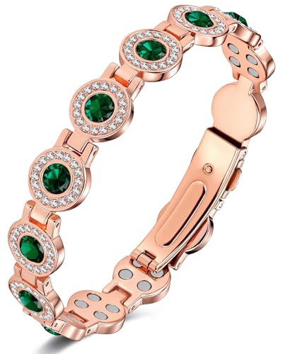 Feraco Pure Copper Bracelets for Women, 4X Ultra Strength Magnetic Bracelet with 3800 Gauss Neodymium Magnets & Dazzling Austrian Cut Crystals Stone, Adjustable Jewelry Gift - style: Sparkle Sphere - Emerald