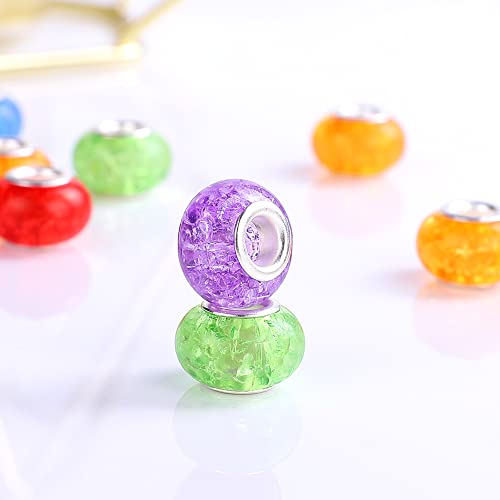 100 Pieces 14mm European Large Hole Spacer Beads Mix Color with Silver Brass Cores Assortments Charm Lampwork Beads Supplies for Necklace Bracelets Jewelry Making (Crack Transparent) - color: Crack transparent
