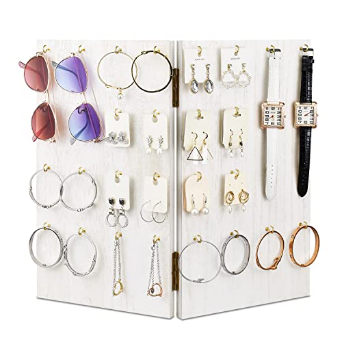 MOOCA Wooden Foldable Panel Jewelry Display Stand with 32 Hooks - Perfect for Store, Earring Cards, Keychains- Travel-Friendly Design, Unfolded size: 18.3" W x 0.6" D x 16" H, Wash White Color - color: White