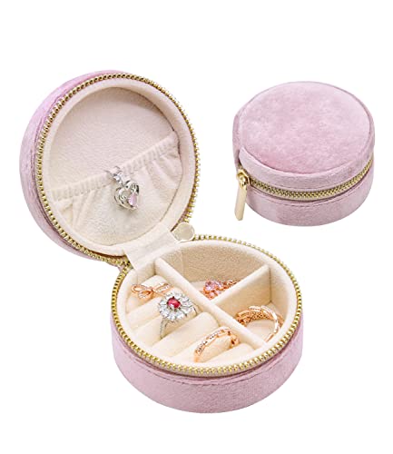 TAIMY Small Jewelry Travel Case, Round Mini Travel Jewelry Box for Women Girls, Portable Mini Jewelry Travel Organizer Boxes for Rings Earrings Necklaces Bracelets(Pink Lavender) - color: Round-Pink Lavender