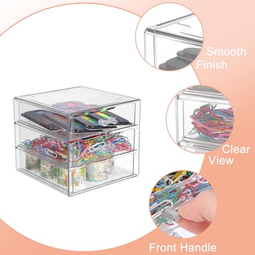 BTSKY Clear Acrylic Storage Organizer with Drawers, 3-Layer Desktop Organizer for Office Essentials, Multi-Purpose Stackable Container for Bathroom Vanity, Desk Makeup Jewelry Container Storage Box - size: 3-layer