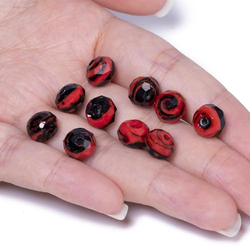 7.5×10mm 50pcs Red Black Faceted Lampwork Glass Beads for Jewelry Making, Flat Round Handmade Murano Beads for Bracelets, Crafts, Friendship Bracelet Kit, Rosary Making - color: Red Black