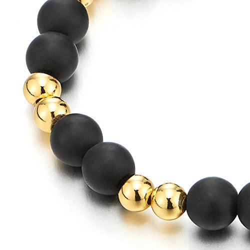 COOLSTEELANDBEYOND Mens Womens Matt Black Onyx Beads Bracelet with Small Gold Color Beads, Prayer Mala