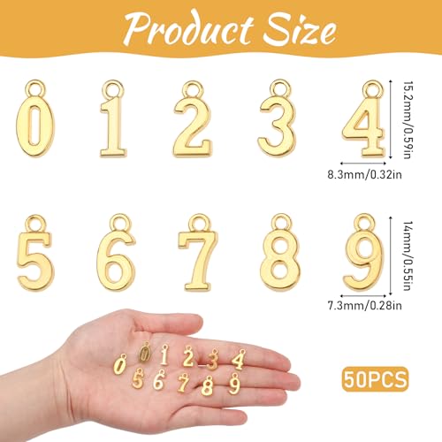 KALIONE 50Pcs Metal 0-9 Number Charm Pendants 0-9 Charms for DIY Craft Keychains DIY Jewelry Making Accessories - color: Gold