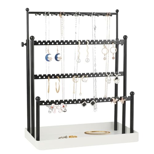 Tirzah 3-Tier Adjustable Earring Necklace Holder Organizer Stand, Black Jewelry Display Tree with 105 Slots, 10 Double-Sided Hooks, White Tray for Women, Girls - color: White & Black, for Necklace Earring