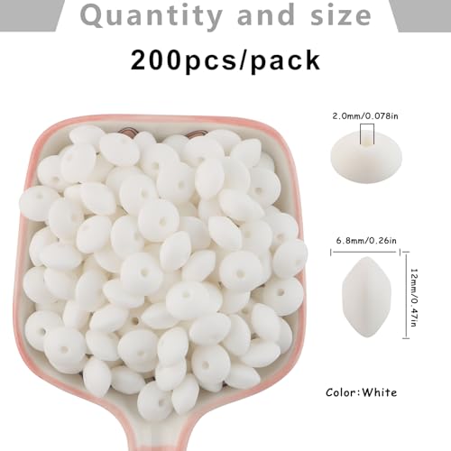 Sunrony 200Pcs Silicone Lentil Beads for Keychain Making, Bulk 12mm Silicone Abacus Spacer Beads for Necklace Bracelet Making Pens(White) - color: D-White