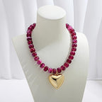 Gold Heart Pendant Necklaces for Women Colorful Acrylic Resin Beaded Choker Necklace Fashion Chunky Statement Beaded Heart Necklace - color: Purple