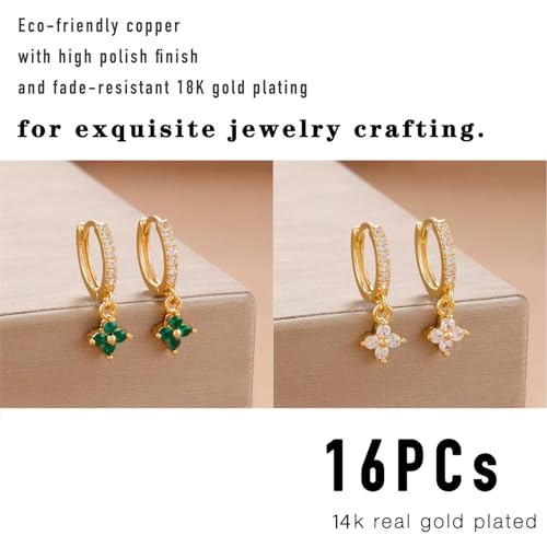 stino 16Pcs Cubic Zirconia Huggie Earring Hooks for Jewelry Making, Brass Earring Hoops Clasps, Leverback Findings & Supplies (14K Gold Plated) - color: 14K Gold Plated