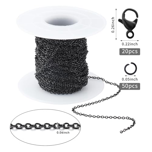 Topacket 33Feet Black Stainless Steel Necklace Chains Cable Link Chains for Jewelry Making DIY Craft Kit with Lobster Clasps Jump Rings - color: Black, size: 1.5mm