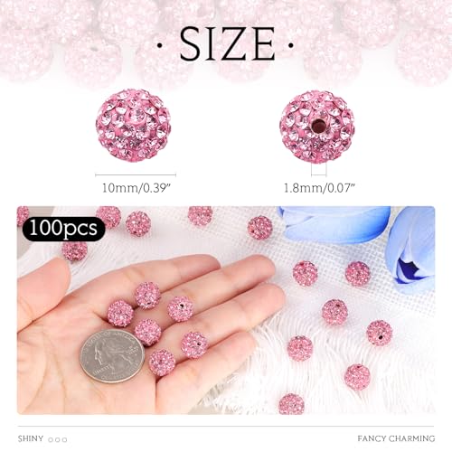 100 Pcs Dark Pink Rhinestone Beads for Jewelry Making, Sparkle Crystal Clay Christmas for Bracelet Baseball Necklace Earring Crafting and DIY, Shiny Round Shamballa Disco Ball Beads Bulk - color: Dark Pink, size: 100 pcs