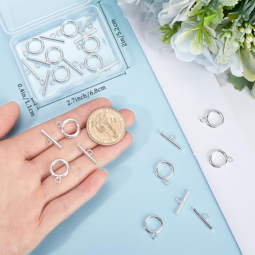 Beebeecraft 15Pcs Toggle Clasps 925 Sterling Silver Plated T-bar Closure Round Claps Jewelry Findings with Storage Box for Necklaces Bracelets Making