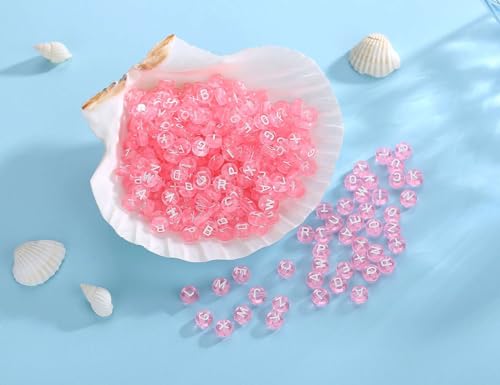 LAIDANLA 1500PCS Acrylic Letter Beads Alphabet White Letters Pink Transparent Round Bead 7×4mm for Jewelry Bracelets Necklaces Key Chains Making - color: P-White Letter Pink Transparent Beads