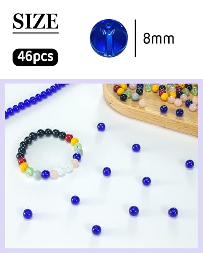 8mm Glass Beads 46PCS Glass Beads for Jewelry Making Charm Round Loose Bead for Bracelet Making Kit (Dark Blue Glass) - color: Dark Blue Glass