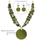 Layered Beads Statement Fashion Necklace Chunky Jewelry Set Big Colorful Glass Stone Circle Shell Pendant Choker Necklace and Earring Set for Women - color: Olive Green