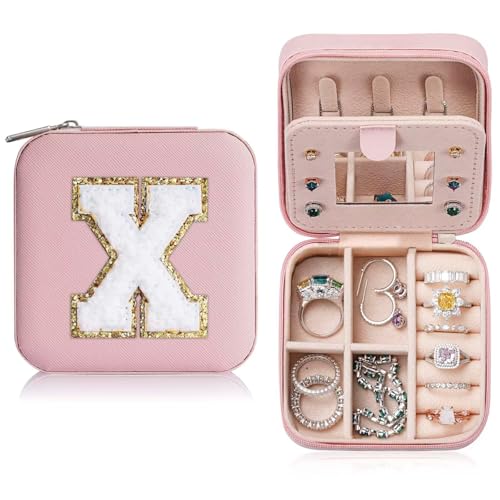 ETHOON Jewelry Travel Case Small Organizer Stocking Box Personalized Gifts Teenage Jewelry Accessories Holiday Christmas Gift for Women Pink Mirror, Letter X - color: Pink X