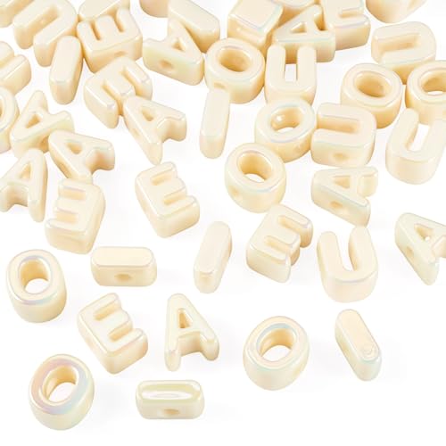 FASHEWELRY 50Pcs 20mm Big Vowel Letter Beads Beige Large Hole Acrylic Alphabet Beads for Bracelets Making, UV Plating Iridescent 3D Slider Initials Bead for Keychains Making - color: Beige