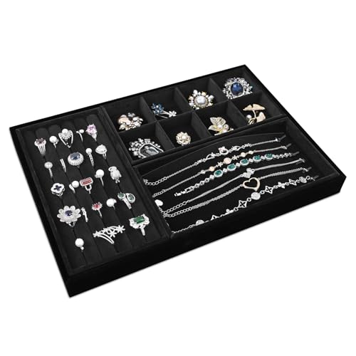 MOOCA Jewelry Display Set, Necklace Display Bust, Earring Organizer, Ring Holder Stand for Showcase and Store, Premium Fabric - color: 9a) 3 piece.Black Velvet Tray