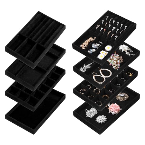 8 Pcs 4 Styles Velvet Jewelry Tray, 8" x 5" Stackable Jewelry Tray, Drawer Trays for Rings, Earrings, Necklace, Bracelet, Black