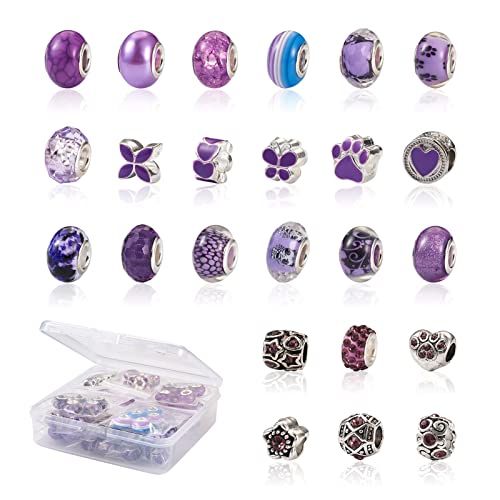 Cheriswelry 104Pcs 9.5-14mm Purple Theme Assorted European Lampwork Beads Metal Acrylic Resin Spacer Beads European Large Hole Beads for DIY Necklace Bracelet Jewelry Making Craft - color: Mixed Color*3