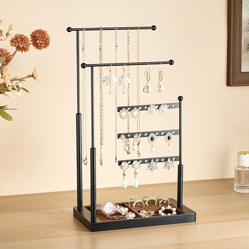 pickpiff Jewelry Organizer Holder Stand: 3 Tier Jewelry Storage Display for Necklace, Bracelet, Earring, Ring, Black & Brown - color: black & brown