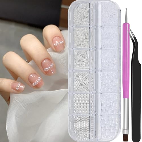 3D Mini Small Caviar Nail Beads Balls, 0.7-2mm Silver Nail Art Beads 1.5-5mm White Nail Pearls Half Round Flatback Pearl Nail Charms with Pickup Tools for Nails Face Eyes Makeup(31-K1-4) - color: 31-K1-4