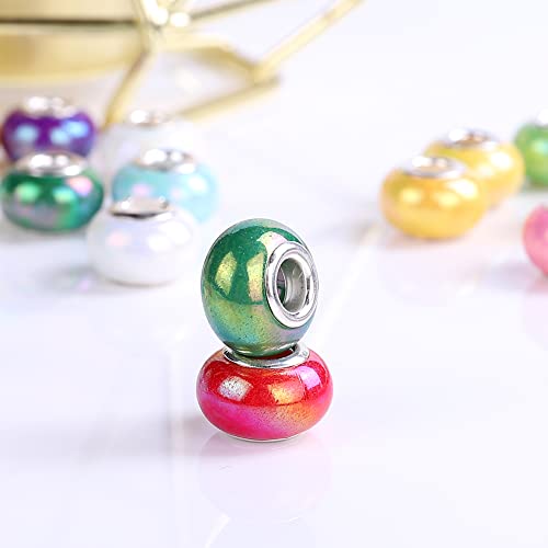 100 Pieces 14mm European Large Hole Spacer Beads Mix Color with Silver Brass Cores Assortments Charm Lampwork Beads Supplies for Necklace Bracelets Jewelry Making (Ceramic Effect) - color: Ceramic effect