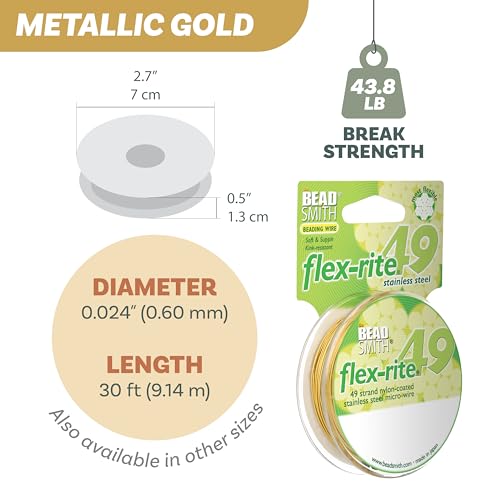 The Beadsmith Flex-Rite Beading Wire - 49-Strand Nylon-Coated Stainless-Steel Wire, 0.024" (0.60 mm) Dia, Metallic Gold, 30 ft Spool, Necklace & Bracelet String, for Jewelry Making Supplies - color: Metallic Gold, size: .024” Dia - 30 ft