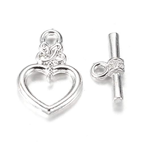 Craftdady 20 Sets Silver Heart Toggle Clasps T Bar Closure End Clasps for Bracelet Necklace Making - color: Silver, 20x13mm