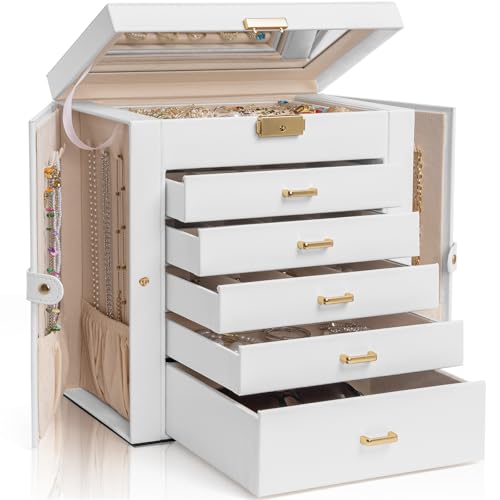 AKOZLIN Large 6-Tier Jewelry Box Lockable Leather Jewelry Storage Case with 5 Drawers for Women Girls Ring Necklace Earring Bracelet Holder Organizer with Mirror - color: White-gold, size: Large-6 Layer