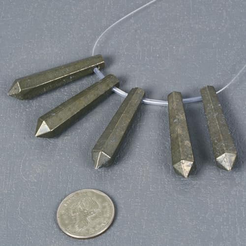 50mm Natural Pyrite Hexagonal Wand Jewelry Making Crystal Pointed Chakra Reiki Healing Beads 2mm Hole Drilled(Pack of 5) - color: Pyrite