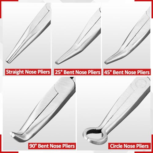 5Pcs Bent Nose Pliers 11 Inch Extra Long Needle Nose Pliers Set, Straight, 25°/45°/90° Bent, Circle Nose for Narrow Spaces, Hard to Reach Areas & Precision Work