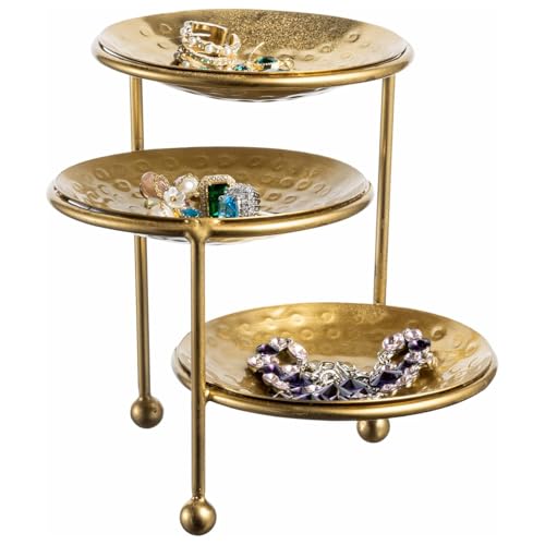 MyGift 3 Tier Jewelry Dish Organizer - Hammered Brass Plated Metal Ring Tray, Decorative Earring, Necklace, Bracelet Storage Display Tower - Handcrafted in India - color: Brass, 3 Tier