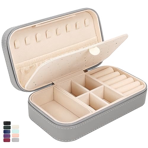 DesignSter Travel Jewelry Box, PU Leather Portable Jewelry Case, Small Jewelry Boxes for Gifts, Travel Jewelry Organizer for Women Rings Earrings Necklaces Bracelets (Gray) - color: Gray