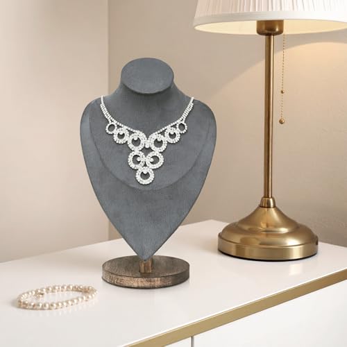 MOOCA 2 Pcs Set Necklace Chain Jewelry Display Holder, Jewelry Stand, Necklaces Display Mannequin Bust Stand, Wood Sturdy Base, Grey Suede with Walnut Base - color: 2-Pcs Grey Suede with Walnut Base