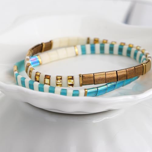 Tila Beaded Stretch Strand Bracelets for Women, Cute Boho Stackable Handmade Colorful Mixed Flat Square Beads Elastic Beach Surfer Bracelet Trendy Jewelry Friend Gift - color: 0901L