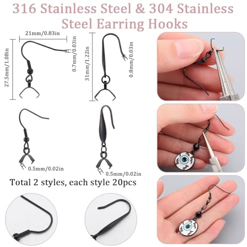 SUNNYCLUE 1 Box 40Pcs Black French Earring Hooks with Pinch Bails Clasp Stainless Steel Earring Hooks Bulk Ear Wire Fishhook Earwires Earrings Findings for Jewelry Making Supplies DIY Dangle Earrings - style: Earring Hook 2