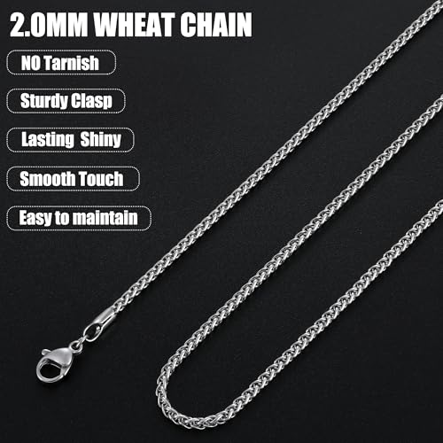 Fiusem Black Wheat Chains for Men and Women, 2/2.5/3/4/5mm Stainless Steel Necklace Chain, Mens Necklace Jewelry Gift 16-28 Inch - size: 24 Inches, style: Silver 2.1MM